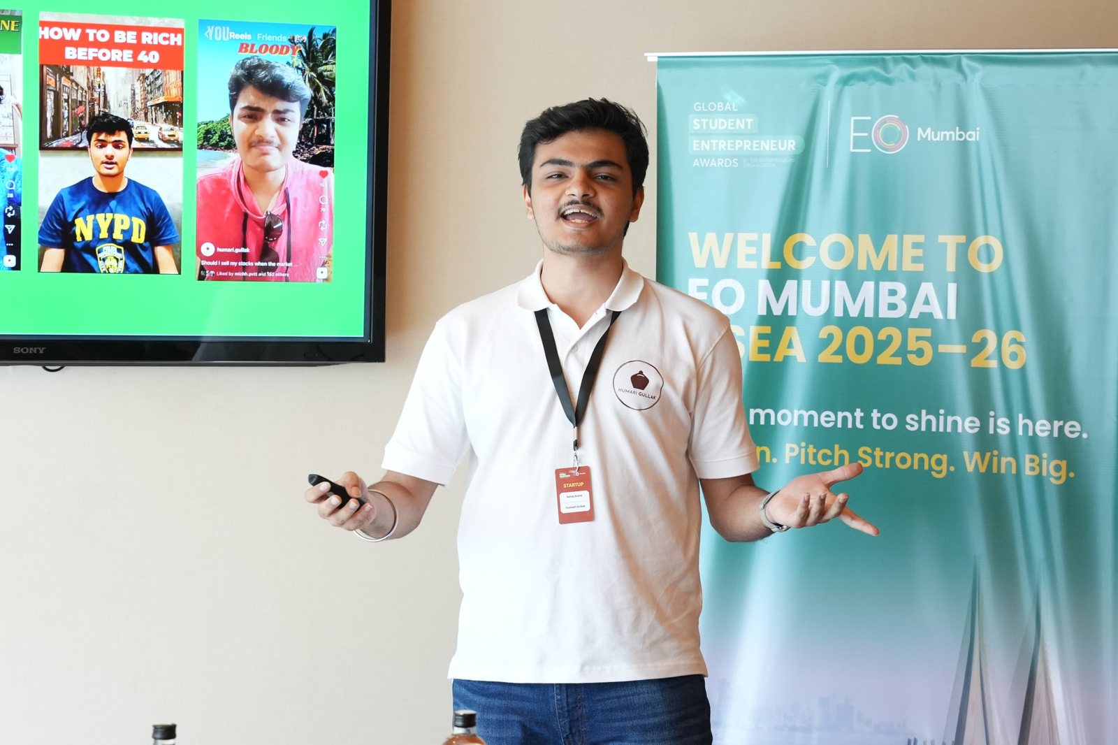 Sahej pitching, with Humari Gullak reels on the screen behind him